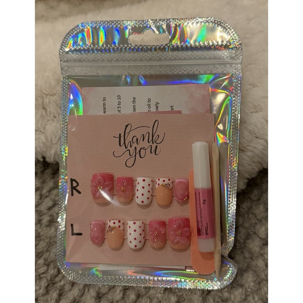 Custom Gel Press On Nails Size Medium Short Length Pink‎ 3D Look